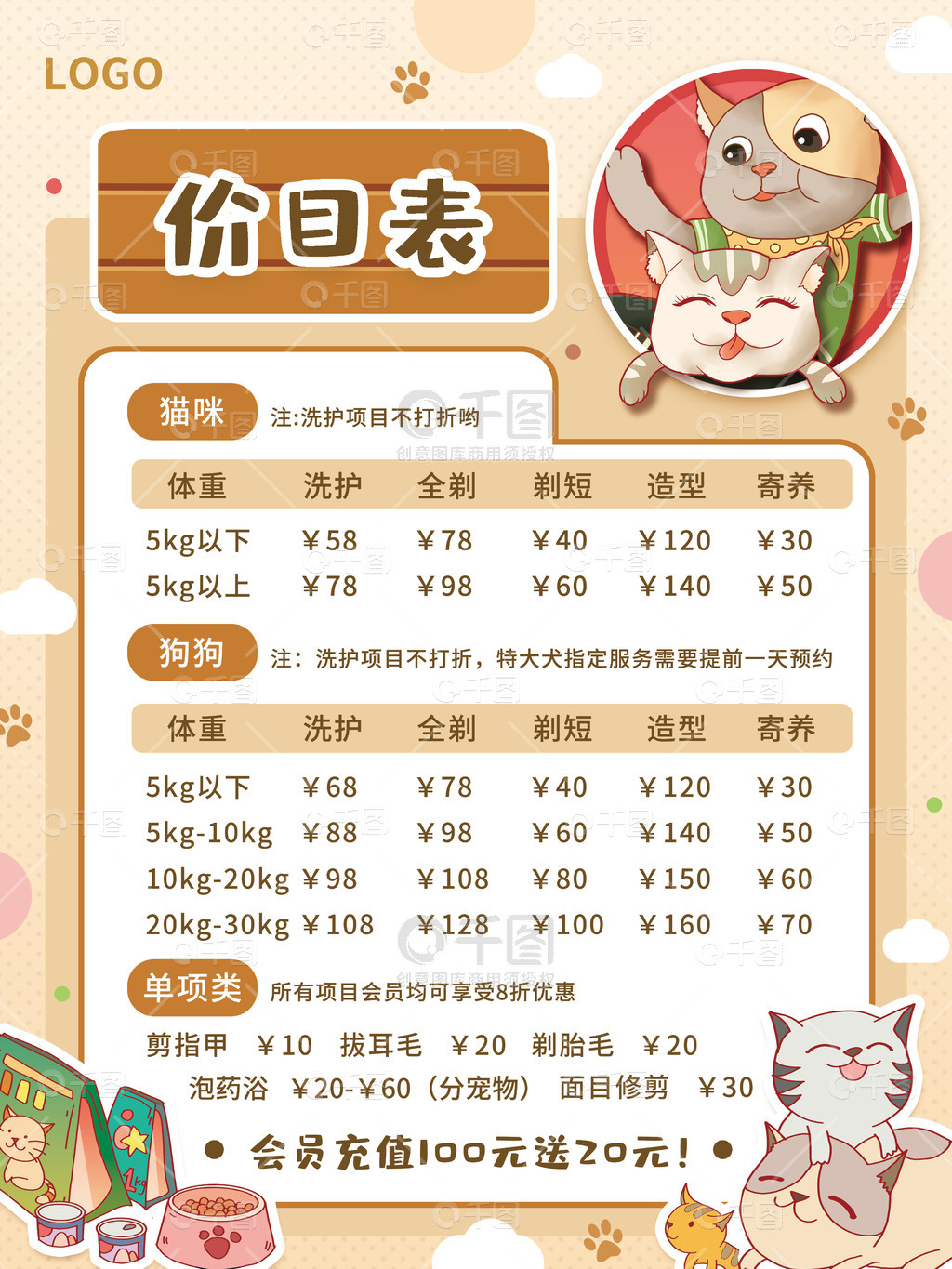 宠物美容洗护护理服务价目表